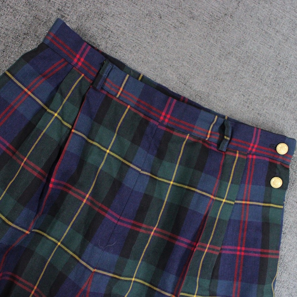 Vintage J.G. Hook Plaid Wool Trousers Navy Green Red Gold Button USA Made 12